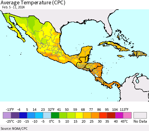 Mexico Central America and the Caribbean Average Temperature (CPC) Thematic Map For 2/5/2024 - 2/11/2024