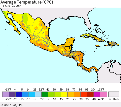 Mexico Central America and the Caribbean Average Temperature (CPC) Thematic Map For 2/19/2024 - 2/25/2024