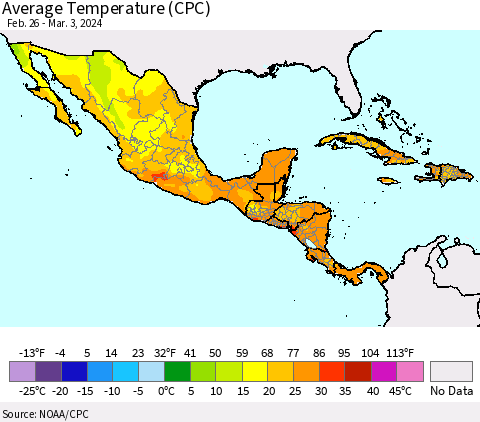 Mexico Central America and the Caribbean Average Temperature (CPC) Thematic Map For 2/26/2024 - 3/3/2024
