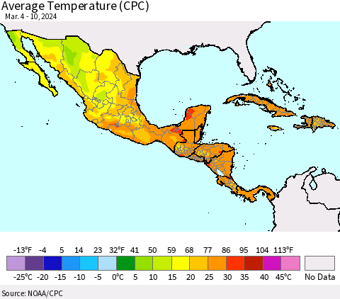 Mexico Central America and the Caribbean Average Temperature (CPC) Thematic Map For 3/4/2024 - 3/10/2024