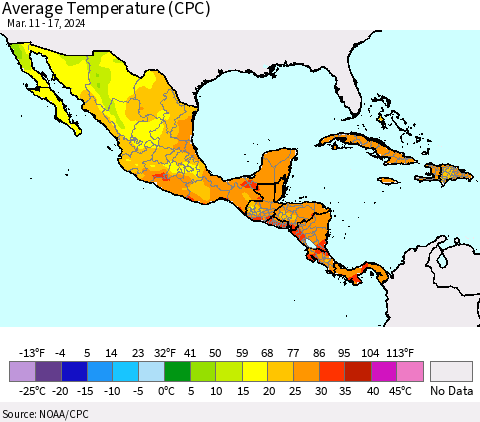 Mexico Central America and the Caribbean Average Temperature (CPC) Thematic Map For 3/11/2024 - 3/17/2024