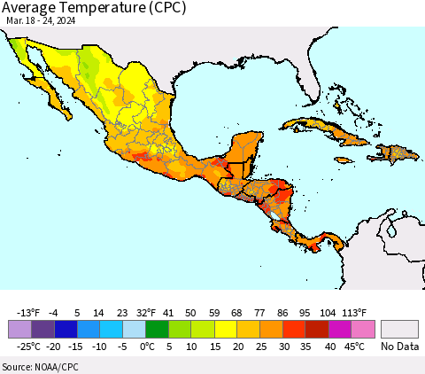 Mexico Central America and the Caribbean Average Temperature (CPC) Thematic Map For 3/18/2024 - 3/24/2024