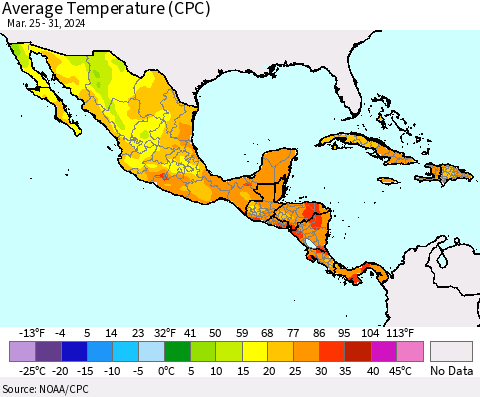 Mexico Central America and the Caribbean Average Temperature (CPC) Thematic Map For 3/25/2024 - 3/31/2024