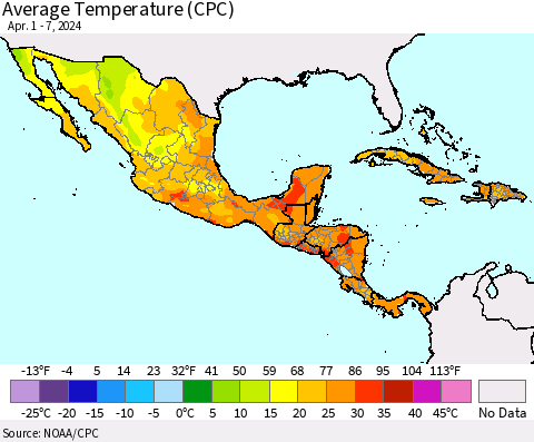 Mexico Central America and the Caribbean Average Temperature (CPC) Thematic Map For 4/1/2024 - 4/7/2024