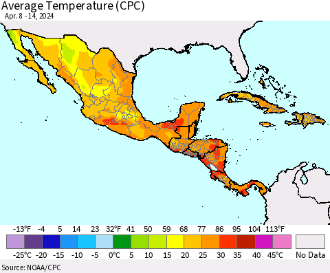 Mexico Central America and the Caribbean Average Temperature (CPC) Thematic Map For 4/8/2024 - 4/14/2024