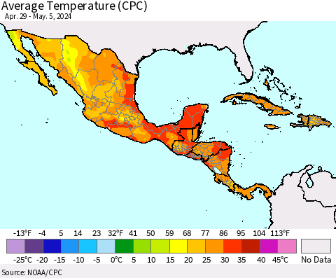 Mexico Central America and the Caribbean Average Temperature (CPC) Thematic Map For 4/29/2024 - 5/5/2024