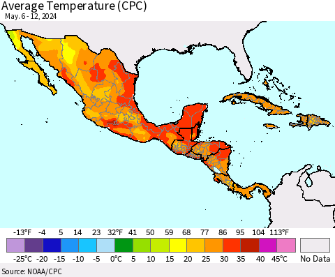 Mexico Central America and the Caribbean Average Temperature (CPC) Thematic Map For 5/6/2024 - 5/12/2024