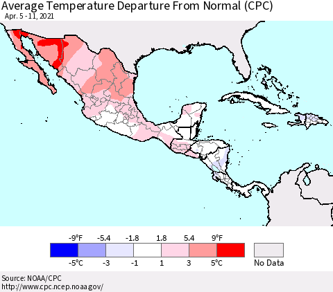 Mexico Central America and the Caribbean Average Temperature Departure from Normal (CPC) Thematic Map For 4/5/2021 - 4/11/2021