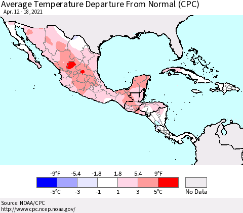Mexico Central America and the Caribbean Average Temperature Departure from Normal (CPC) Thematic Map For 4/12/2021 - 4/18/2021
