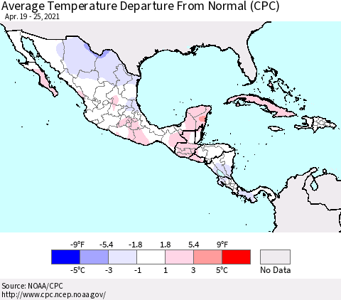 Mexico Central America and the Caribbean Average Temperature Departure from Normal (CPC) Thematic Map For 4/19/2021 - 4/25/2021