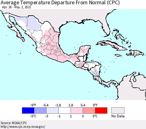 Mexico Central America and the Caribbean Average Temperature Departure from Normal (CPC) Thematic Map For 4/26/2021 - 5/2/2021