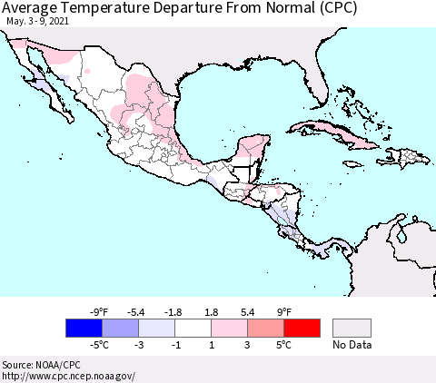 Mexico Central America and the Caribbean Average Temperature Departure from Normal (CPC) Thematic Map For 5/3/2021 - 5/9/2021