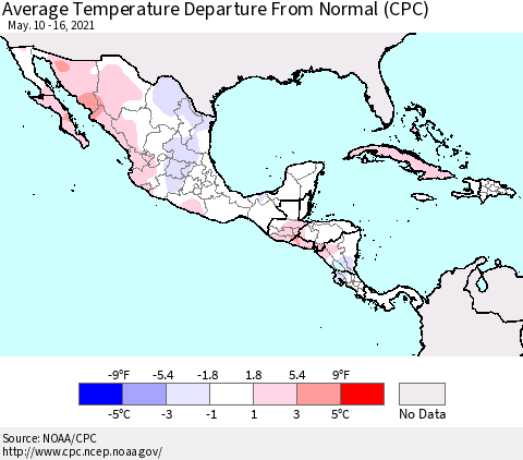 Mexico Central America and the Caribbean Average Temperature Departure from Normal (CPC) Thematic Map For 5/10/2021 - 5/16/2021