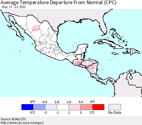 Mexico Central America and the Caribbean Average Temperature Departure from Normal (CPC) Thematic Map For 5/17/2021 - 5/23/2021