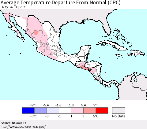 Mexico Central America and the Caribbean Average Temperature Departure from Normal (CPC) Thematic Map For 5/24/2021 - 5/30/2021