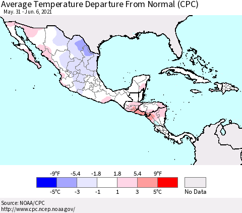 Mexico Central America and the Caribbean Average Temperature Departure from Normal (CPC) Thematic Map For 5/31/2021 - 6/6/2021