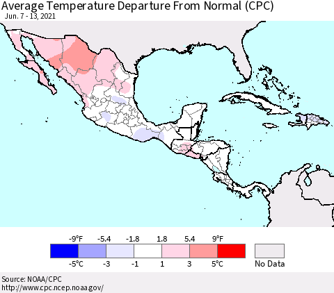 Mexico Central America and the Caribbean Average Temperature Departure from Normal (CPC) Thematic Map For 6/7/2021 - 6/13/2021