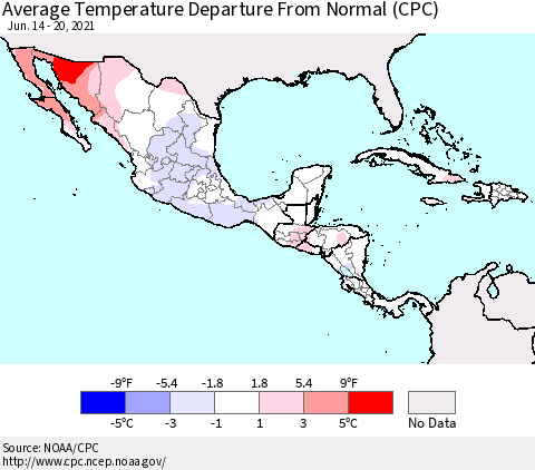 Mexico Central America and the Caribbean Average Temperature Departure from Normal (CPC) Thematic Map For 6/14/2021 - 6/20/2021
