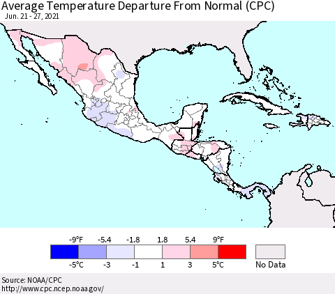Mexico Central America and the Caribbean Average Temperature Departure from Normal (CPC) Thematic Map For 6/21/2021 - 6/27/2021