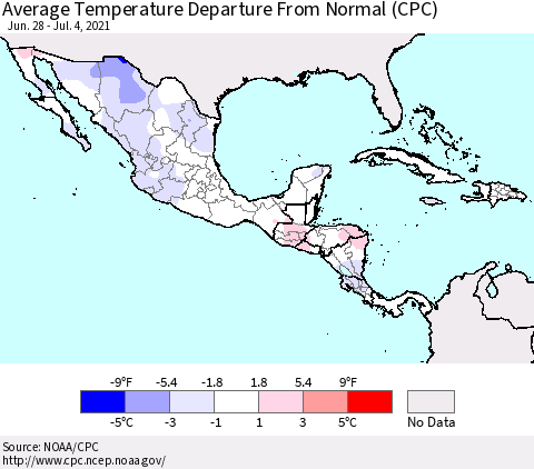 Mexico Central America and the Caribbean Average Temperature Departure from Normal (CPC) Thematic Map For 6/28/2021 - 7/4/2021