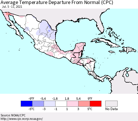 Mexico Central America and the Caribbean Average Temperature Departure from Normal (CPC) Thematic Map For 7/5/2021 - 7/11/2021