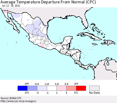 Mexico Central America and the Caribbean Average Temperature Departure from Normal (CPC) Thematic Map For 7/12/2021 - 7/18/2021
