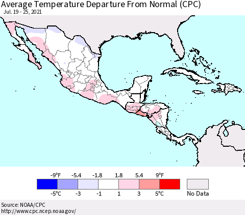 Mexico Central America and the Caribbean Average Temperature Departure from Normal (CPC) Thematic Map For 7/19/2021 - 7/25/2021