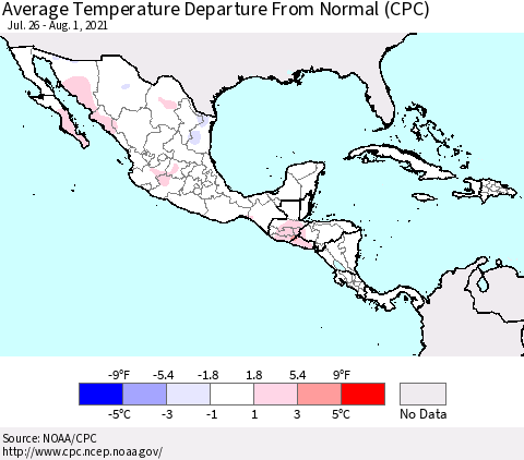 Mexico Central America and the Caribbean Average Temperature Departure from Normal (CPC) Thematic Map For 7/26/2021 - 8/1/2021