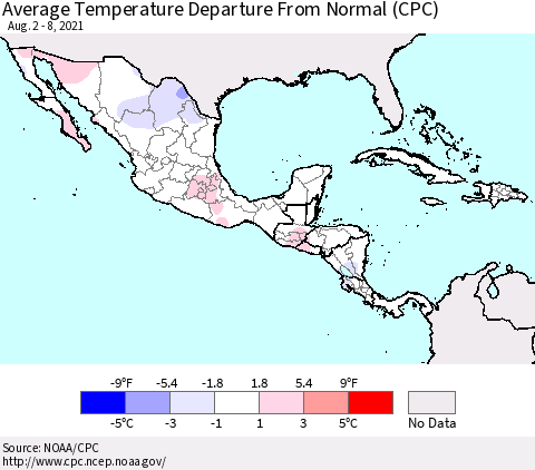 Mexico Central America and the Caribbean Average Temperature Departure from Normal (CPC) Thematic Map For 8/2/2021 - 8/8/2021