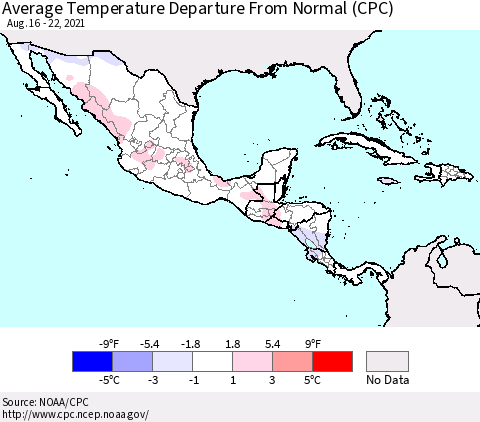 Mexico Central America and the Caribbean Average Temperature Departure from Normal (CPC) Thematic Map For 8/16/2021 - 8/22/2021