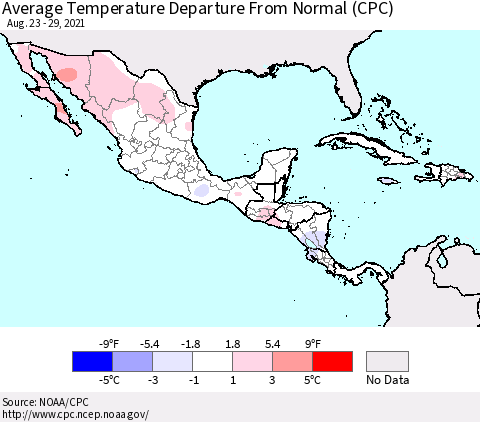 Mexico Central America and the Caribbean Average Temperature Departure from Normal (CPC) Thematic Map For 8/23/2021 - 8/29/2021