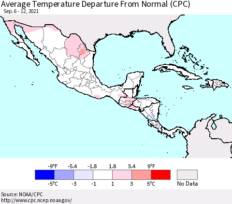 Mexico Central America and the Caribbean Average Temperature Departure from Normal (CPC) Thematic Map For 9/6/2021 - 9/12/2021