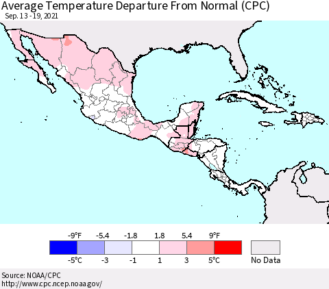 Mexico Central America and the Caribbean Average Temperature Departure from Normal (CPC) Thematic Map For 9/13/2021 - 9/19/2021