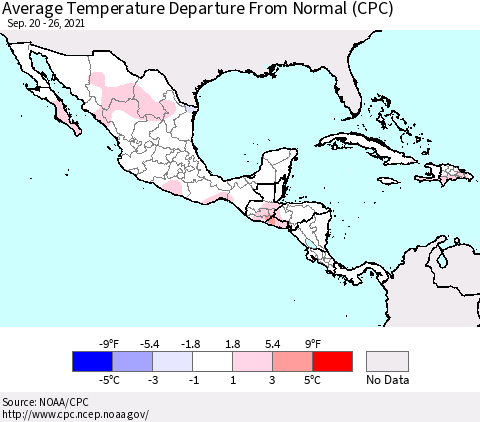 Mexico Central America and the Caribbean Average Temperature Departure from Normal (CPC) Thematic Map For 9/20/2021 - 9/26/2021