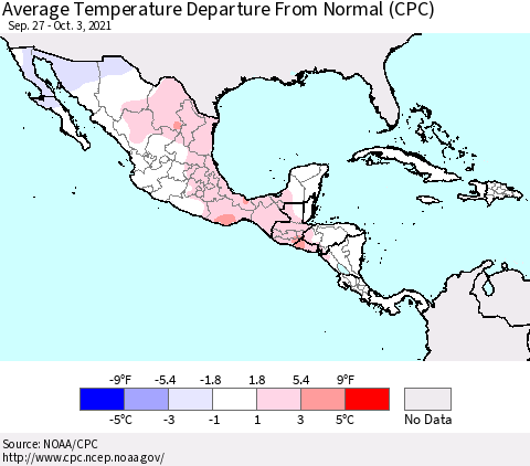 Mexico Central America and the Caribbean Average Temperature Departure from Normal (CPC) Thematic Map For 9/27/2021 - 10/3/2021