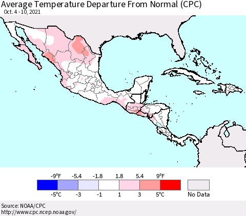 Mexico Central America and the Caribbean Average Temperature Departure from Normal (CPC) Thematic Map For 10/4/2021 - 10/10/2021