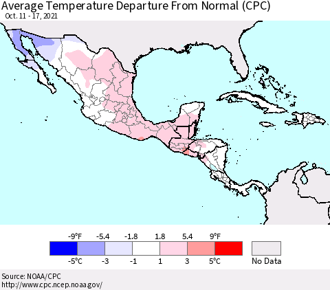 Mexico Central America and the Caribbean Average Temperature Departure from Normal (CPC) Thematic Map For 10/11/2021 - 10/17/2021