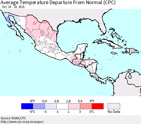 Mexico Central America and the Caribbean Average Temperature Departure from Normal (CPC) Thematic Map For 10/18/2021 - 10/24/2021
