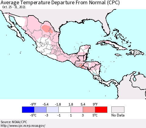Mexico Central America and the Caribbean Average Temperature Departure from Normal (CPC) Thematic Map For 10/25/2021 - 10/31/2021