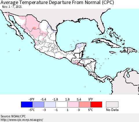 Mexico Central America and the Caribbean Average Temperature Departure from Normal (CPC) Thematic Map For 11/1/2021 - 11/7/2021