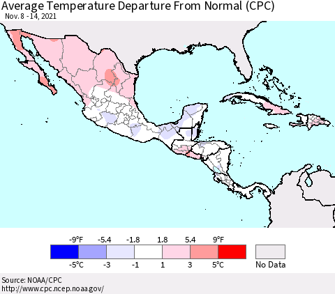 Mexico Central America and the Caribbean Average Temperature Departure from Normal (CPC) Thematic Map For 11/8/2021 - 11/14/2021