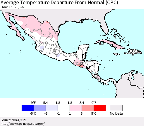 Mexico Central America and the Caribbean Average Temperature Departure from Normal (CPC) Thematic Map For 11/15/2021 - 11/21/2021