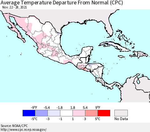 Mexico Central America and the Caribbean Average Temperature Departure from Normal (CPC) Thematic Map For 11/22/2021 - 11/28/2021