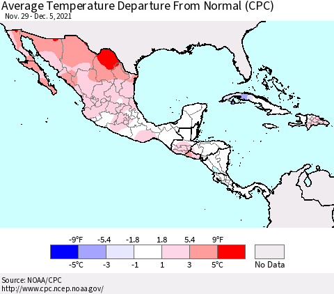 Mexico Central America and the Caribbean Average Temperature Departure from Normal (CPC) Thematic Map For 11/29/2021 - 12/5/2021