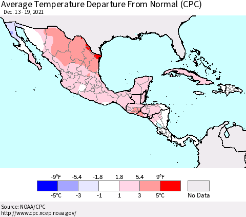 Mexico Central America and the Caribbean Average Temperature Departure from Normal (CPC) Thematic Map For 12/13/2021 - 12/19/2021