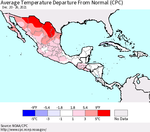 Mexico Central America and the Caribbean Average Temperature Departure from Normal (CPC) Thematic Map For 12/20/2021 - 12/26/2021