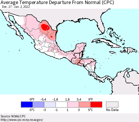 Mexico Central America and the Caribbean Average Temperature Departure from Normal (CPC) Thematic Map For 12/27/2021 - 1/2/2022