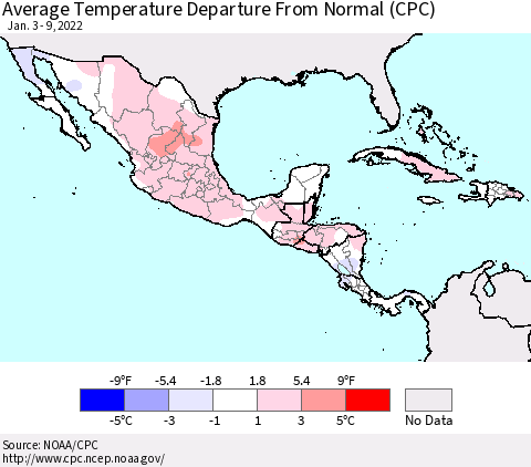 Mexico Central America and the Caribbean Average Temperature Departure from Normal (CPC) Thematic Map For 1/3/2022 - 1/9/2022