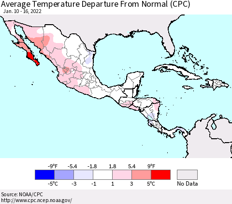 Mexico Central America and the Caribbean Average Temperature Departure from Normal (CPC) Thematic Map For 1/10/2022 - 1/16/2022