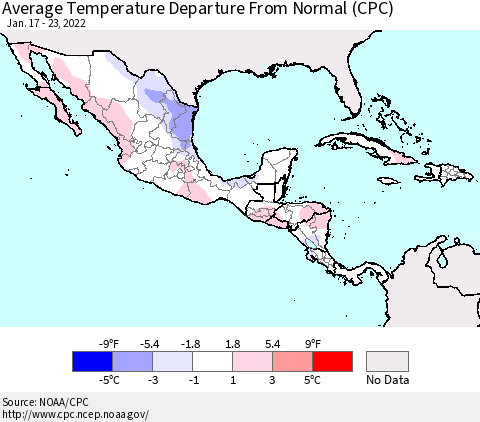 Mexico Central America and the Caribbean Average Temperature Departure from Normal (CPC) Thematic Map For 1/17/2022 - 1/23/2022